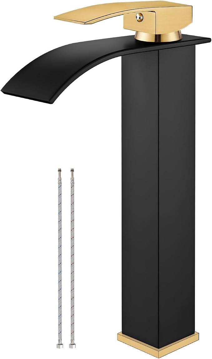 Airuida Waterfall Bathroom Tall Vessel Faucet Matte Black&Brushed Gold Vanity by Airuida