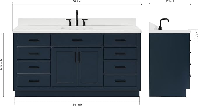ARIEL 67" Midnight Blue Vanity, 1.5" Edge Pure White Quartz Countertop & Splash - Image 2