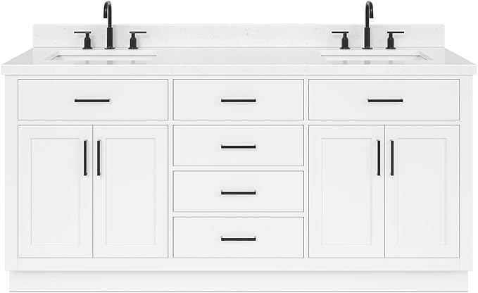 ARIEL Hepburn 72" White Double Vanity, 1.5" Edge Carrara Quartz Countertop & - Image 3