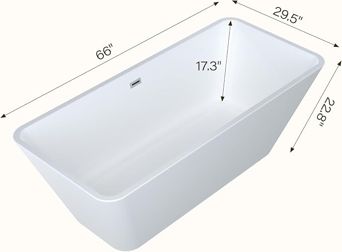 66 Inch Large Acrylic Freestanding Soaking Tub – Modern Bathtub - Image 3