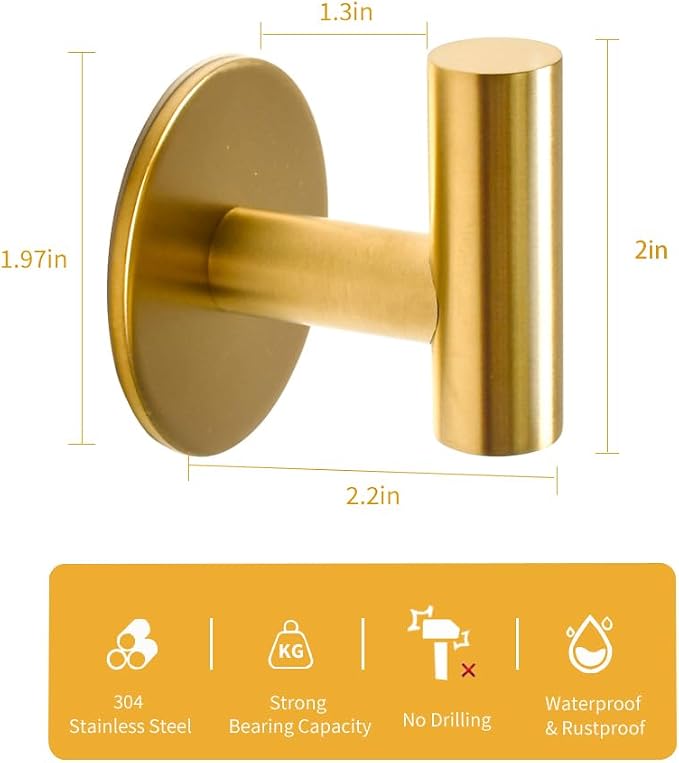 Vuzvuv Adhesive Brushed Gold Hooks, SUS304 Stainless Steel Self-Adhesive Towel - Image 2