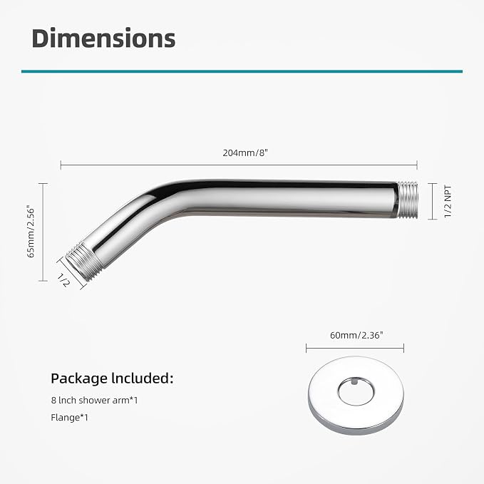 Cobbe Shower Arm with Flange and Teflon Tape, 8-Inches Wall Mounted Shower Pipe - Image 5