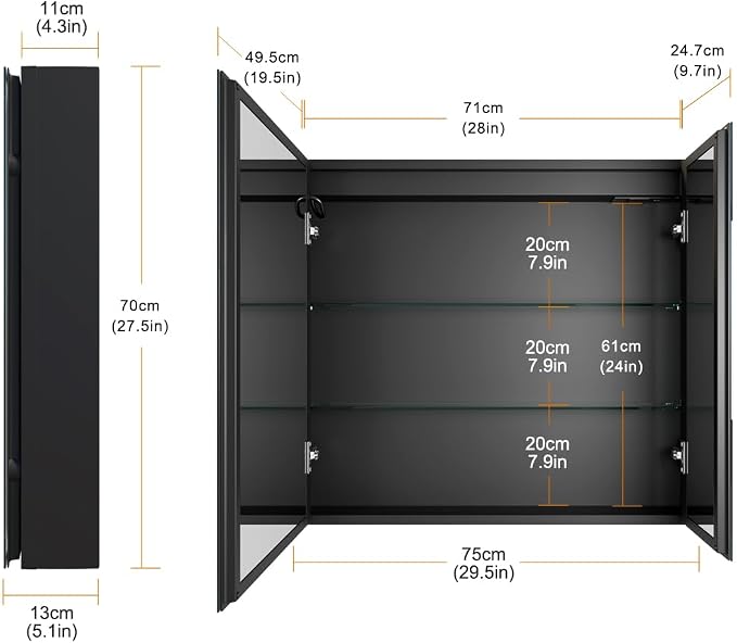 KWW 30 x 28 Inch Double Doors LED Lighted Bathroom Medicine Cabinet, 3 Color - Image 2
