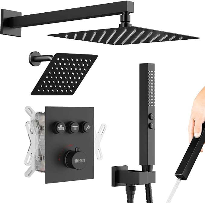 Thermostatic Shower System Matte Black, STARBATH Shower Faucets Sets 12+ 6" by STARBATH