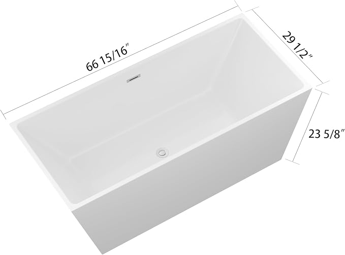 Logmey 67 Inch Bathtub White Acrylic Freestanding Rectangle Deep Soaking Tub - Image 4