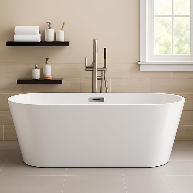 59 in Acrylic Freestanding Bathtub, Contemporary Stand Alone Tub, Glossy White - Image 7