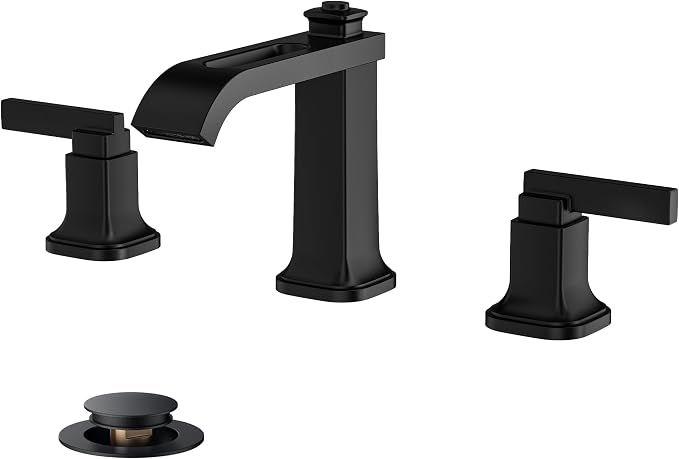 FORIOUS 3 Hole Bathroom Vanity Sink Faucet, Matte Black Waterfall Widespread by FORIOUS