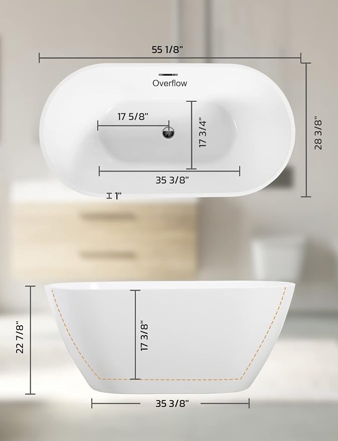 Acrylic Bathtub 55 Inch, Freestanding Deep Soaking Bath Tub - Image 8