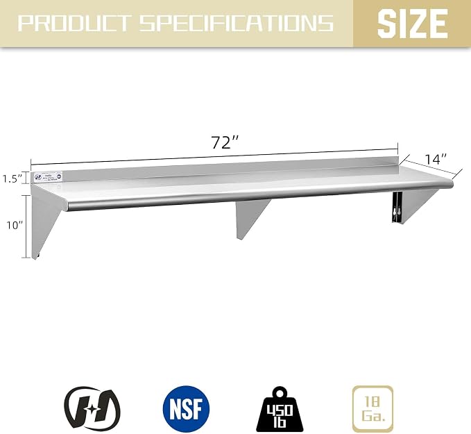 Hally Stainless Steel Shelf 14 x 72 Inches, 450 lb, Commercial Wall Mount - Image 3