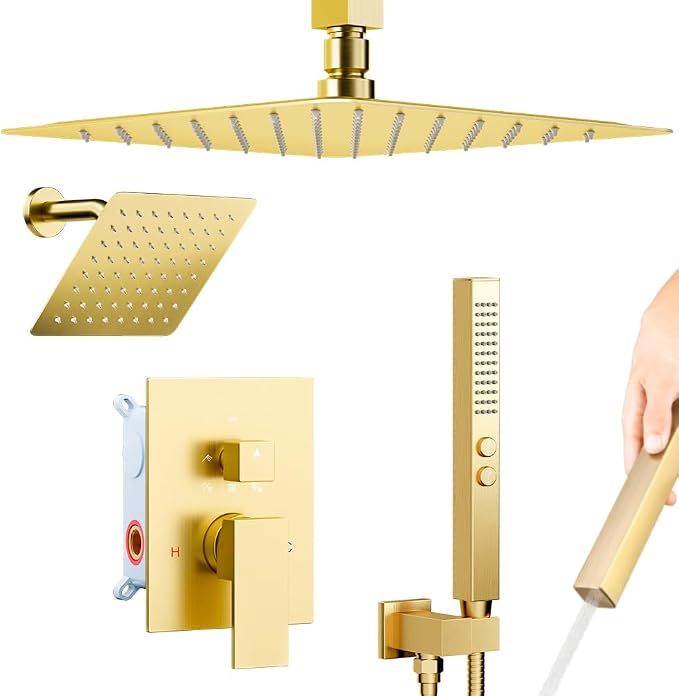 Brushed Gold Shower System, STARBATH Ceiling Mount Shower Set 12+6'' Wall Mount by STARBATH