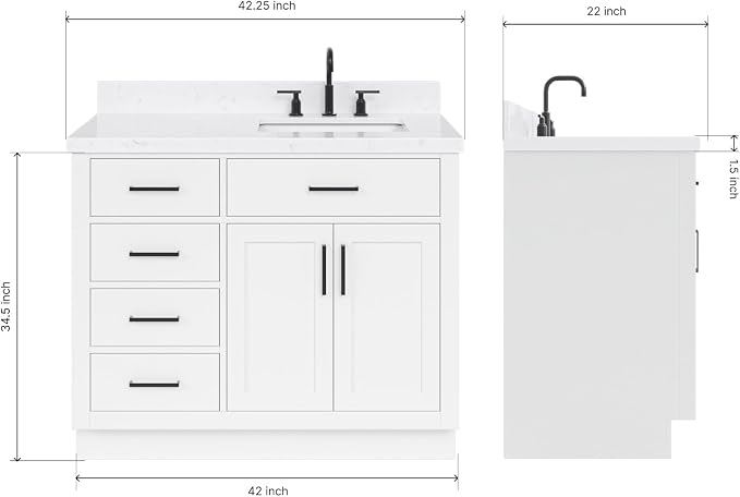 ARIEL Hepburn 42 Inch Single Sink Bathroom Vanity in White, 1.5" Edge Carrara - Image 2