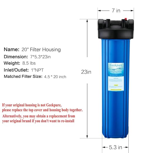 Geekpure 20 Inch Whole House Water Filter Housing-1" NPT Brass Port -Fit 4.5" x - Image 2