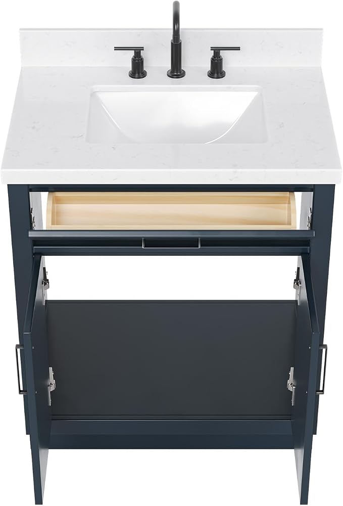 ARIEL Bathroom Vanity, Midnight Blue, Carrara White Quartz Top 1.5" Edge - Image 5