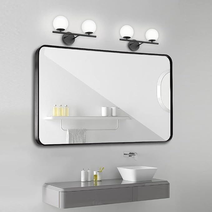New Bathroom 2 Vanity Light Fixtures Brushed Black Milk White Globe Glass Shade - Image 2