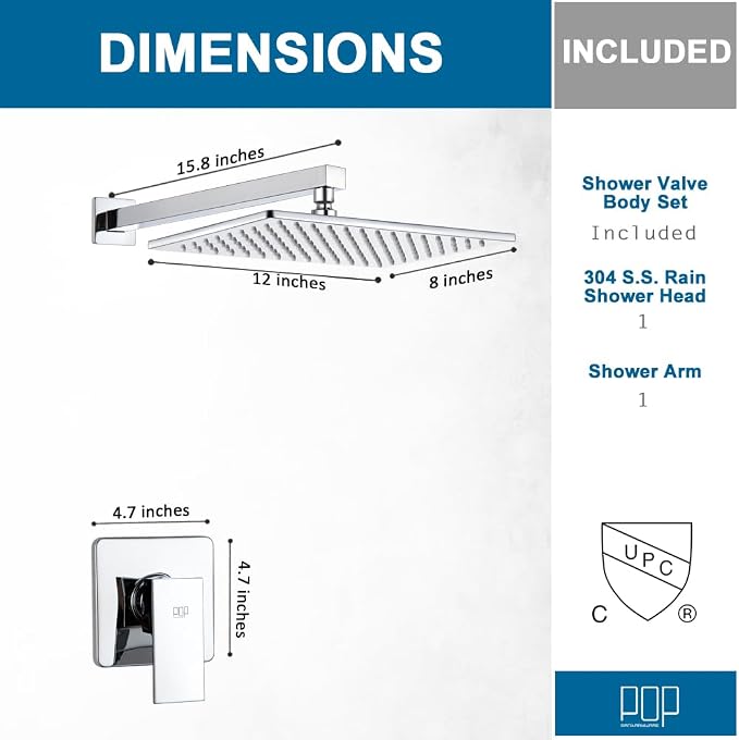 Shower Faucet Set Chrome Rainfall 12“ Rectangle Stainless Steel Shower Head and - Image 7