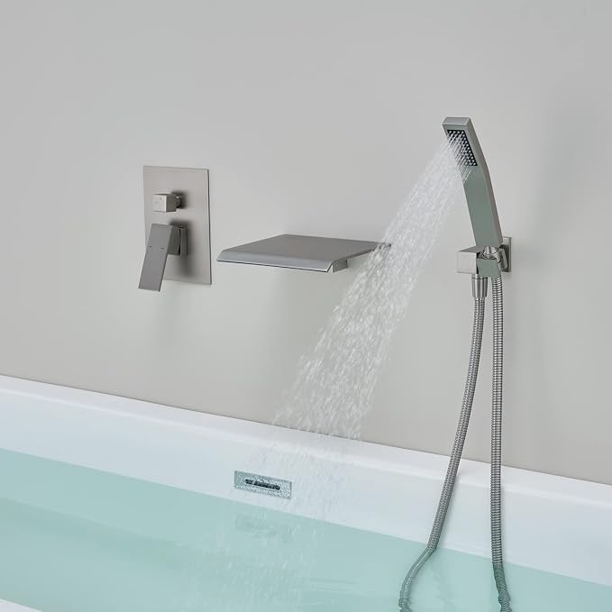 Wall Mount Tub Filler Waterfall Tub Faucet Brushed Nickel Bathtub Faucet Brass - Image 6