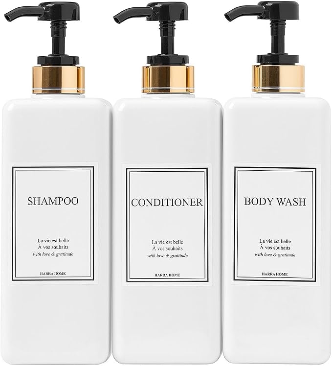 Modern Gold Design Pump Bottle Set 27 oz Refillable Shampoo and Conditioner by HARRA+HOME