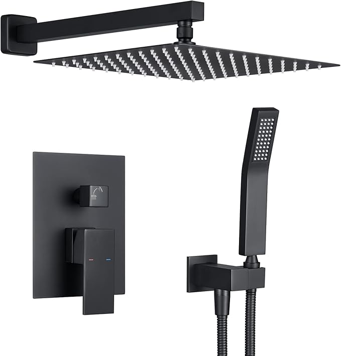 Rain Shower System 12 Inches Shower Combo Set Black Wall Mount Faucet Bathroom by ArtiquaSanitaryWare