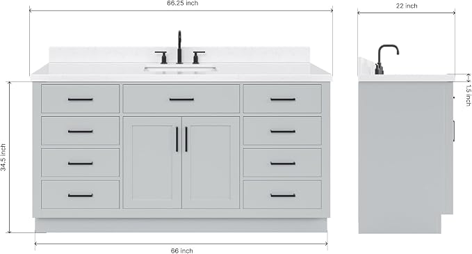 ARIEL Hepburn 66" Grey Bathroom Vanity, 1.5" Edge Carrara Quartz Countertop & - Image 2
