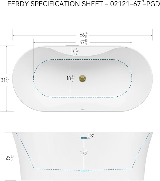 FerdY Santorini 67" Acrylic Freestanding Tub, Gracefully Shaped Contemporary - Image 7