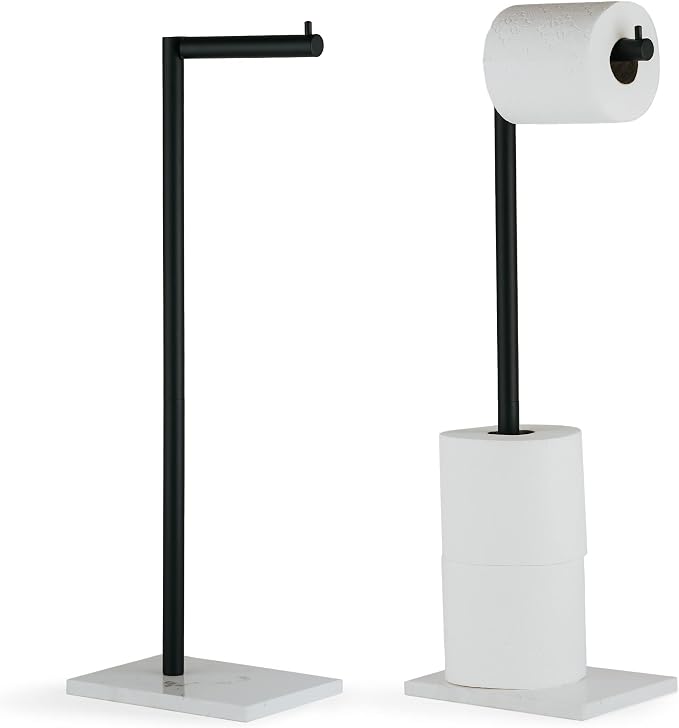 MARMOLUX ACC Free Standing Matte Black Toilet Paper Holder Stand White Marble by MARMOLUXACC