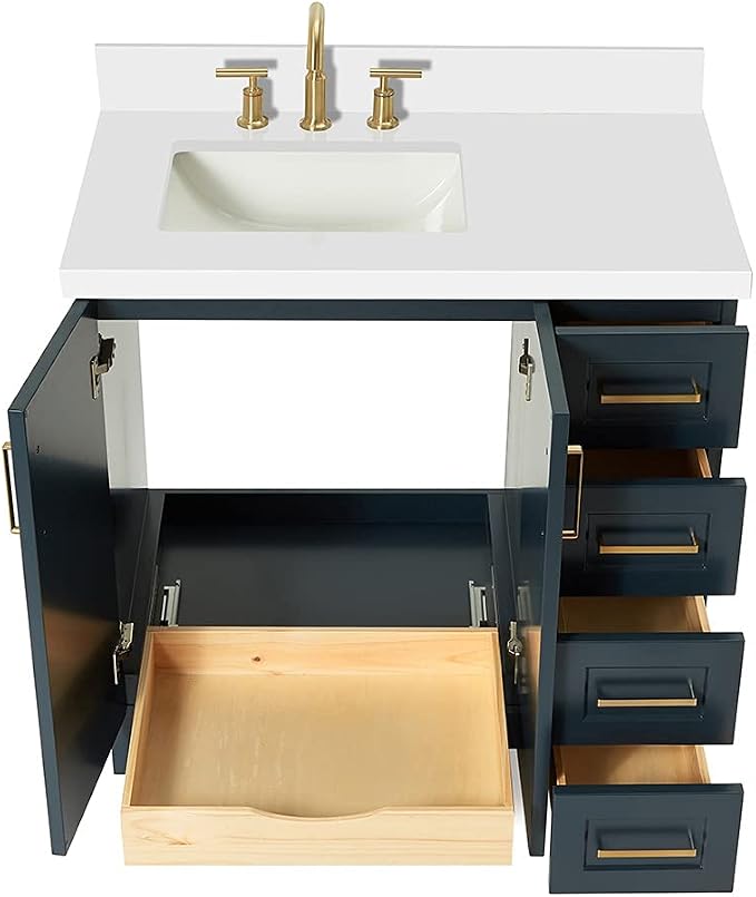 ARIEL 37" Midnight Blue Bathroom Vanity 1.5" Edge Pure White Quartz Countertop - Image 6