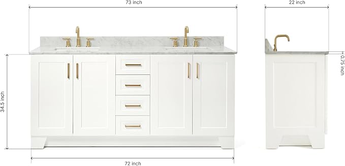 ARIEL 73" White Double Bathroom Vanity Italian Carrara Marble Countertop & - Image 2