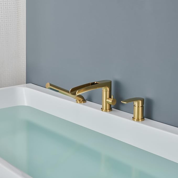 Waterfall Roman Tub Faucet Brushed Gold Deck Mount Bathtub Faucets Brass Tub - Image 8