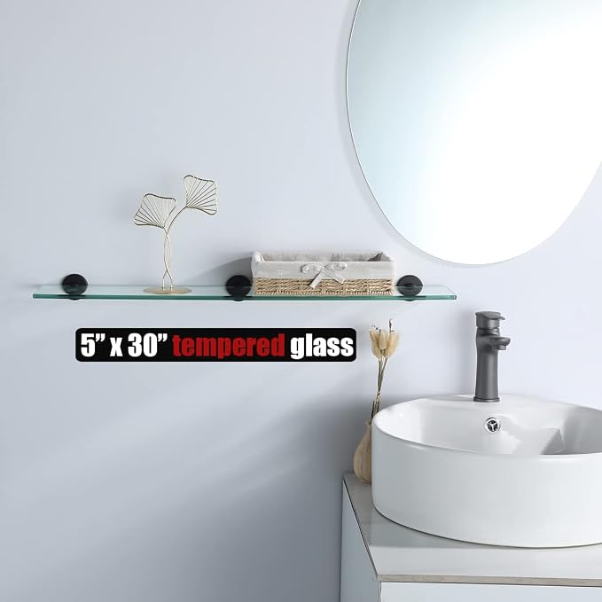 JQK Bathroom Glass Shelf Black, Tempered Glass Shower Storage 30 by 5 inches - Image 2