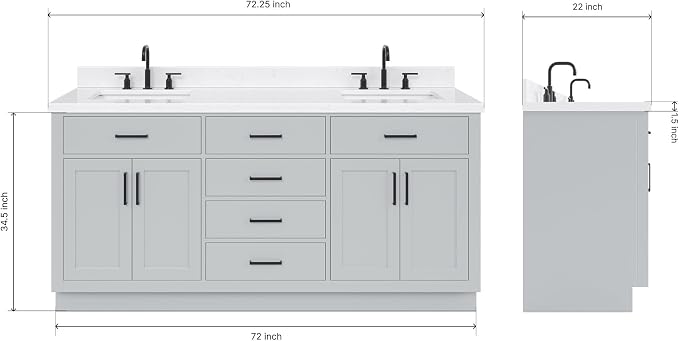 ARIEL Hepburn 72" Grey Double Vanity, 1.5" Edge Carrara Quartz Countertop & - Image 2