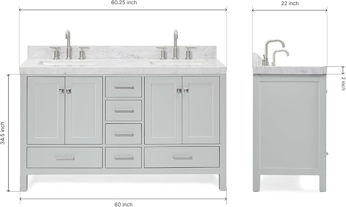 ARIEL Cambridge 60 Inch Grey Bathroom Vanity Double Sink, Solid Wood, Carrara - Image 2