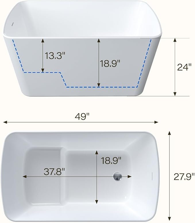49 Inch Acrylic Freestanding Bathtub, Japanese Square Soaking Tub - Image 3
