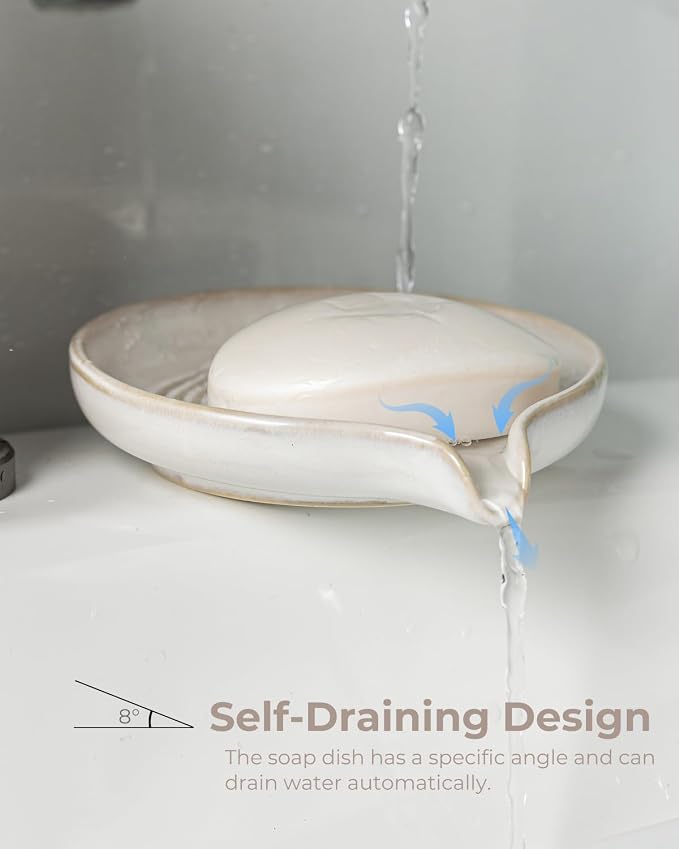 Soap Dish with Drain, Ceramic Soap Holder Self Draining Bar Soap Saver with - Image 4