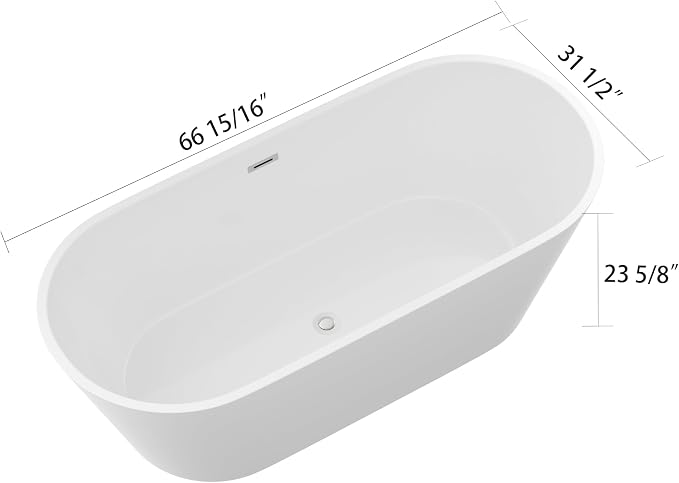 Logmey 67 Inch Freestanding Bathtub White Acrylic Oval Shape Soaking Tub - Image 4