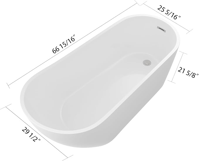 Logmey 67 Inch White Acrylic Freestanding Bathtub Oval Shape Soaking Tub - Image 3