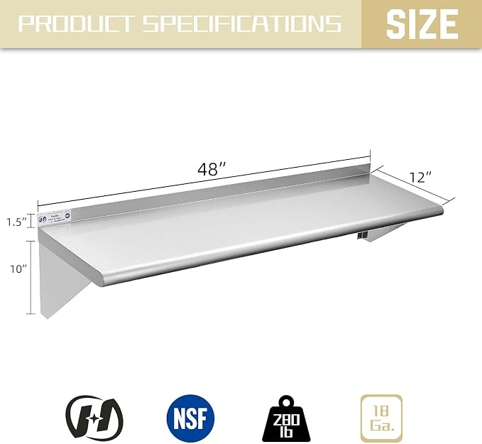 Hally Stainless Steel Shelf 12 x 48 Inches 280 lb, NSF Commercial Wall Mount - Image 3