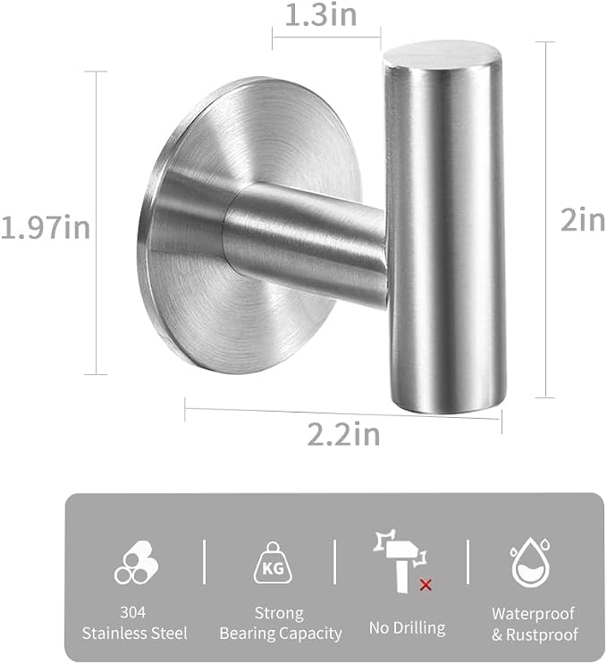 Vuzvuv Adhesive Brushed Nickel SUS304 Stainless Steel Towel Hooks – Heavy Duty - Image 2