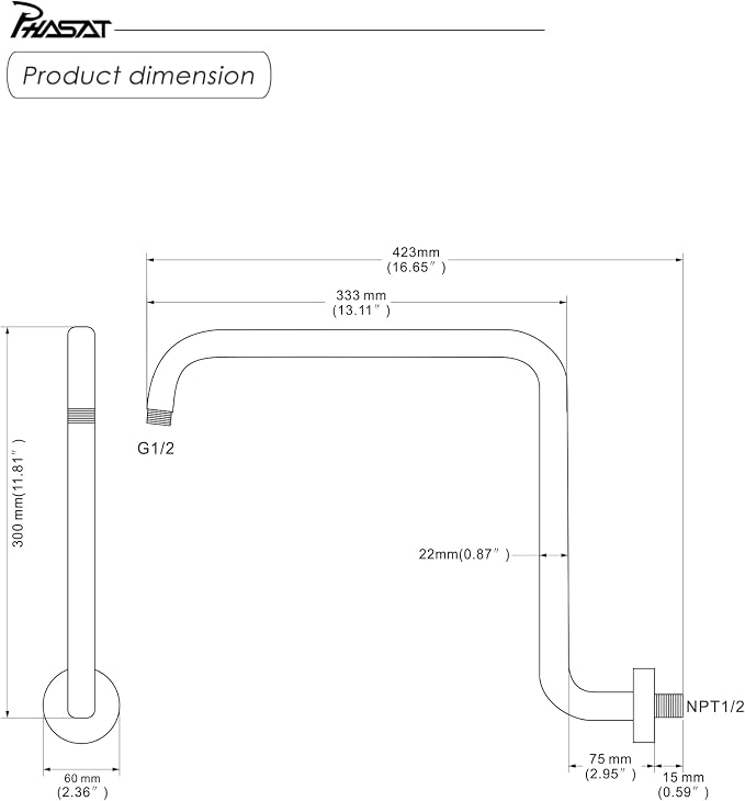 PHASAT S Shaped Shower Arm, High Rise Shower Arm - Image 5