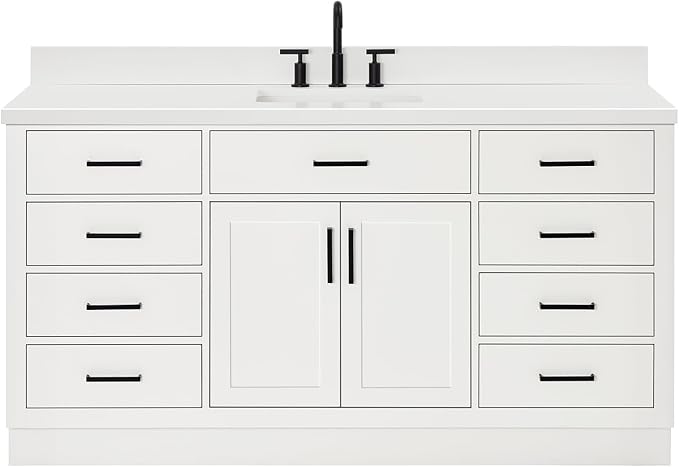 ARIEL 67" White Bathroom Vanity, 1.5" Edge Pure White Quartz Countertop & Splash - Image 6