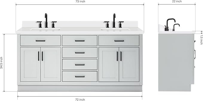 ARIEL Double Bathroom Vanity 73" Grey, 1.5" Edge Pure White Quartz Countertop & - Image 2