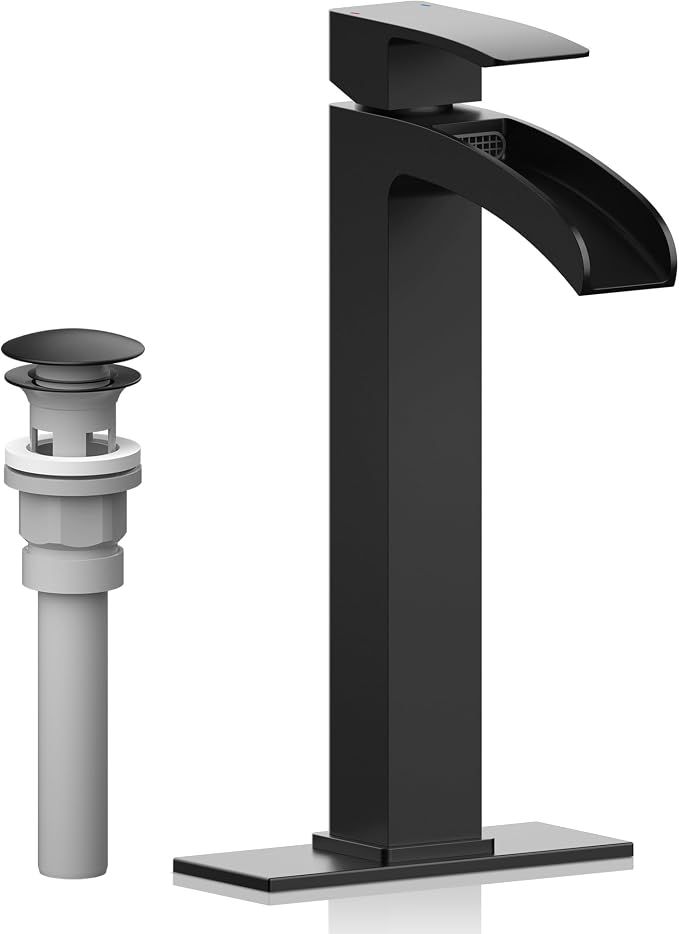 Bathroom Faucet Tall Vessel Faucet Matte Black Waterfall Deck Mount Single by LAVATRUM