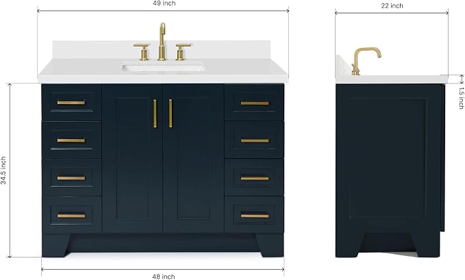 ARIEL 49" Midnight Blue Bathroom Vanity 1.5" Edge Pure White Quartz Countertop - Image 2
