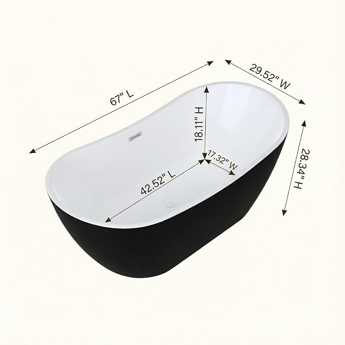 67" Freestanding Acrylic Bathtub, Deep Soaking Tub - Image 2