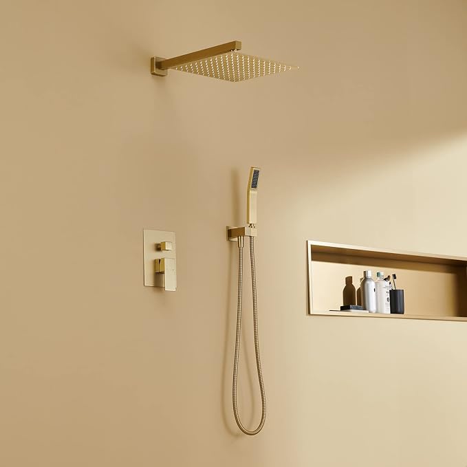 Rain Shower System 12 Inches Shower Combo Set Brushed Gold Wall Mount Faucet - Image 7