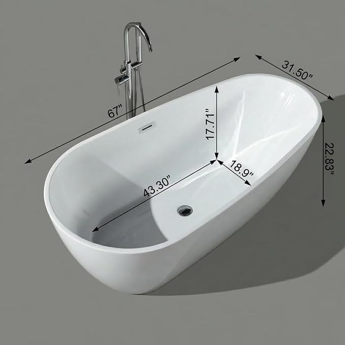 67" Freestanding Acrylic Bathtub, Deep Soaking Tub - Image 2