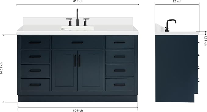 ARIEL Bathroom Vanity 61" Midnight Blue, 1.5" Edge Pure White Quartz Countertop - Image 2