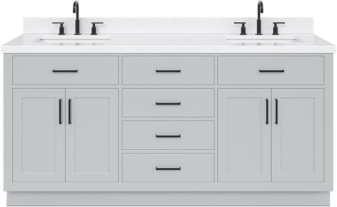 ARIEL Hepburn 72" Grey Double Vanity, 1.5" Edge Carrara Quartz Countertop & - Image 3