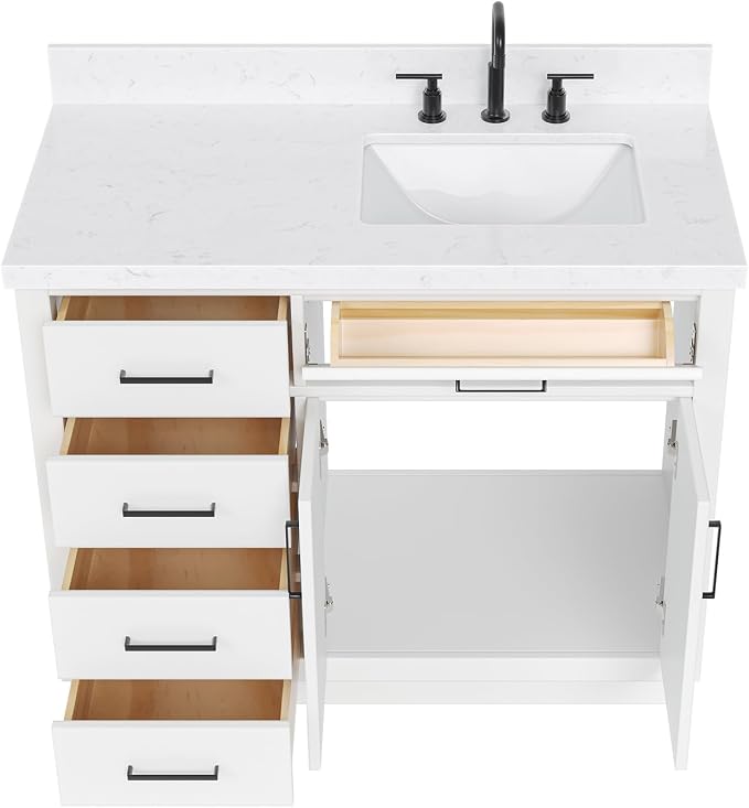 ARIEL Hepburn 42 Inch Single Sink Bathroom Vanity in White, 1.5" Edge Carrara - Image 4