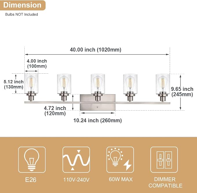 40-Inches Length Bathroom Vanity Lighting Fixtures Over Mirror in Brushed Nickel - Image 4