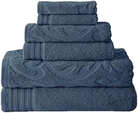 Modern Threads 6 Piece Jacquard/Solid Towel Set-Medallion Swirl Denim - Image 3